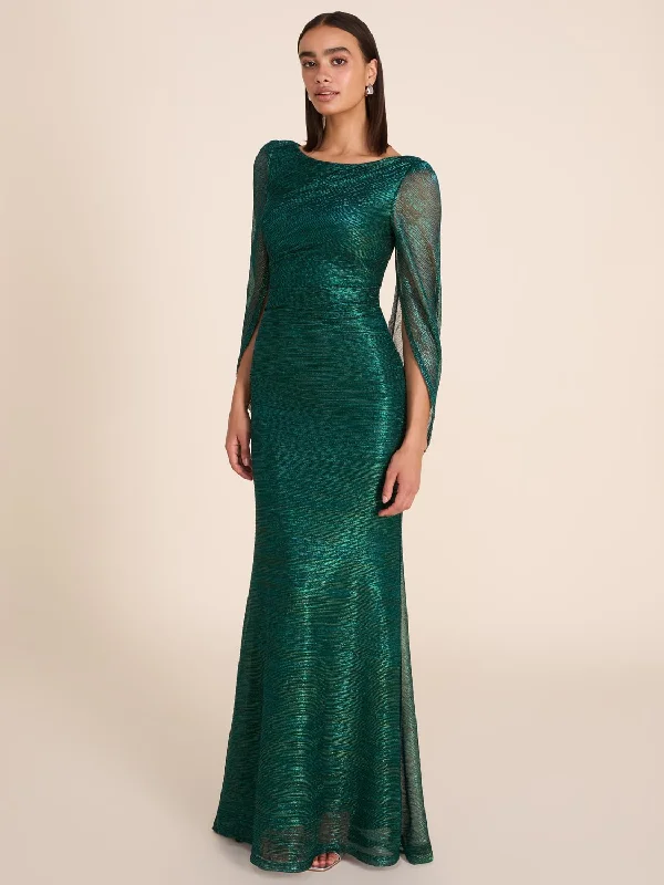 Formal Dress for Cocktail PartiesMetallic Crinkle Knit Gown With Back Cape