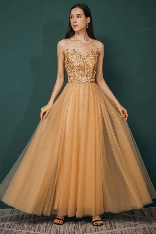 Formal Dress for Film PremieresGold Beaded A-line Tulle Long Formal Dress