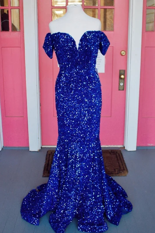 Formal Dress for Evening WeddingsOff the Shoulder Royal Blue Sequins Mermaid Long Formal Dress