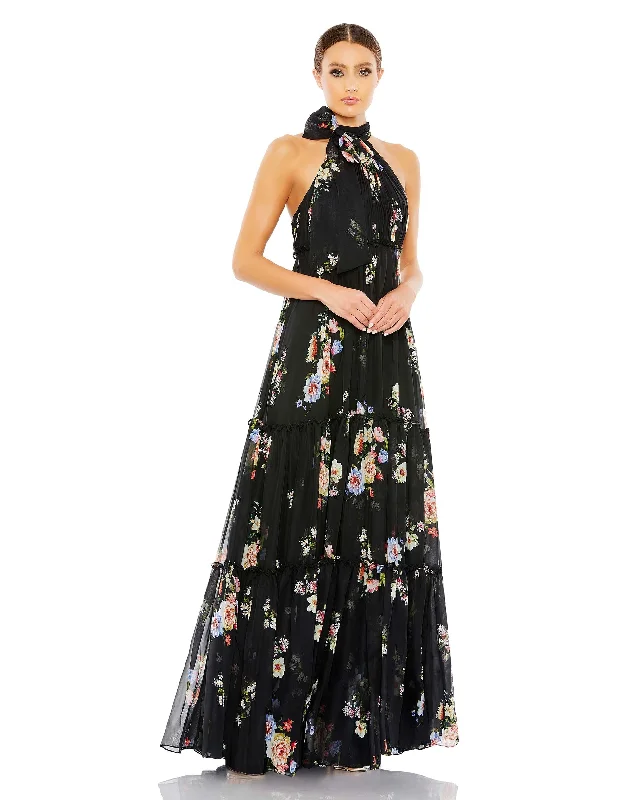 Plus Size Formal Dresses OnlineFloral Print Ruched Tiered High Neck Bow Gown