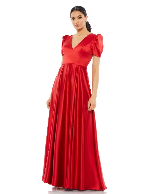 Formal Dress for Beauty ContestsPuff Sleeve V-Neck Satin Gown