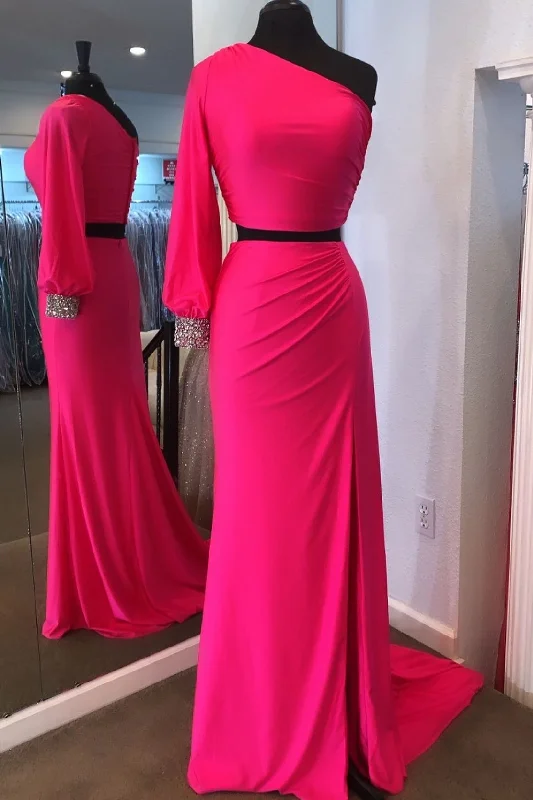 Formal Dress for Creative ThemesTwo Piece Neon Pink One Sleeve Formal Dress