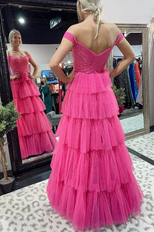 Formal Dress for Church WeddingsHot Pink Pleated Off the Shoulder Tiered Long Formal Dress