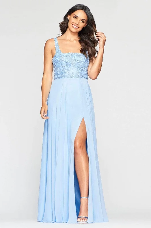 prom dresses with sequin detailingFaviana - Square Neck Chiffon A-Line Prom Dress S10432