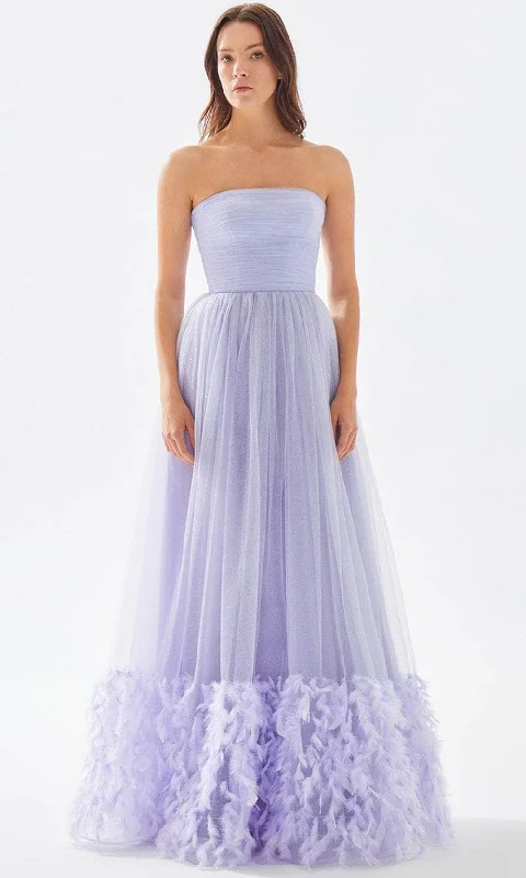 bespoke prom dressesTarik Ediz 52140 - Ruched Strapless Feathered Prom Gown