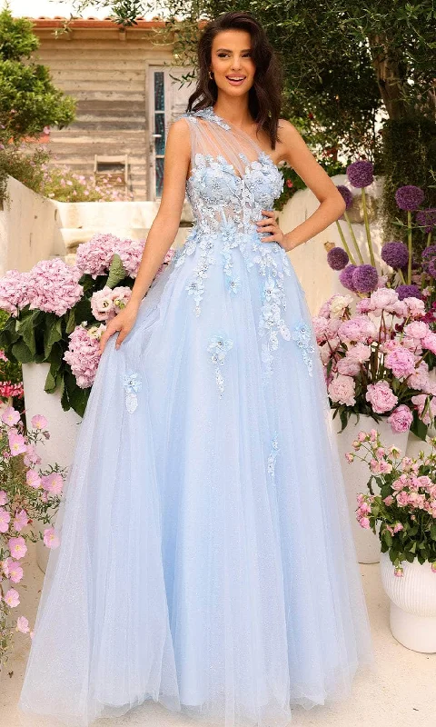 sleeveless prom dressesAmarra 88841 - 3D Floral Embellished One-Sleeve Prom Dress