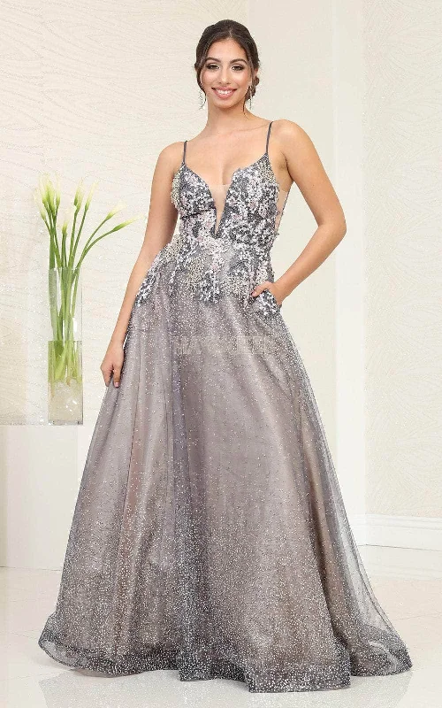 prom dresses with trainsMay Queen RQ8035 - Embellished Plunging V-Neck Prom Gown