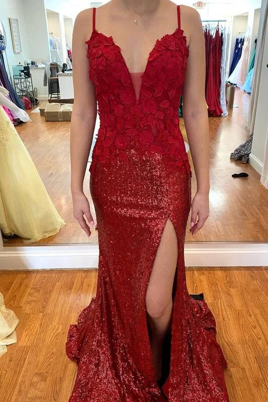 Formal Dress for PageantsSexy Wine Red Sequined Long Formal Dress with Slit