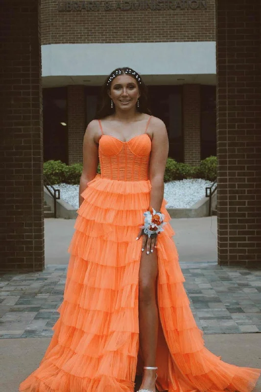 Formal Dress Shopping GuidesStraps Orange Tulle Corset Tiered Ruffle Long Formal Dress