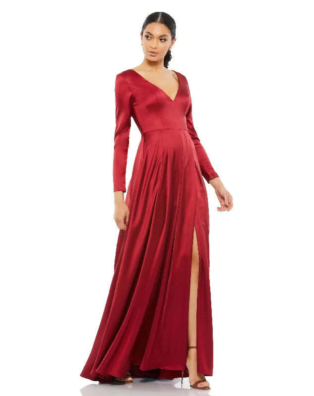 Formal Dress for Horse RacesSatin V Neck Long Sleeve Pleated Gown