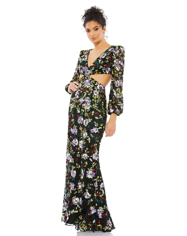 Formal Dress for Vintage Car ShowsFloral Embellished Long Sleeve Cut Out Gown