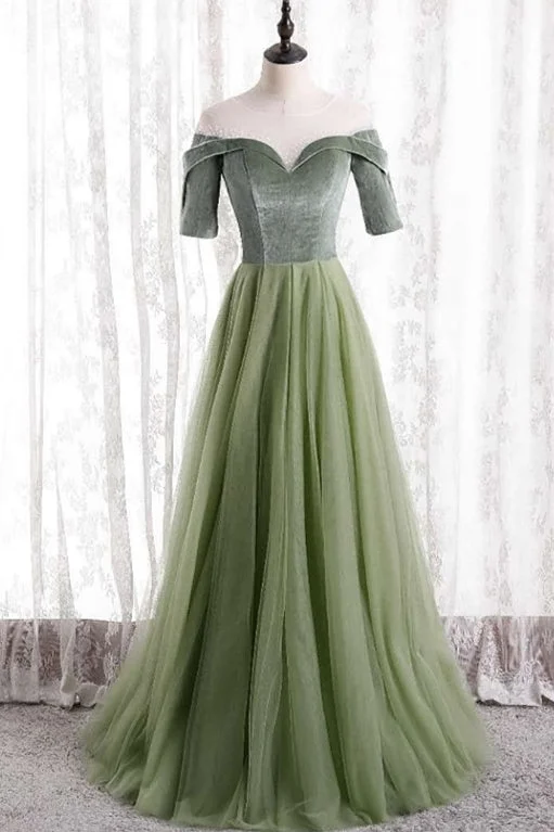 Formal Dress for New Year's EveShort Sleeves Sage Green Long Formal Dress