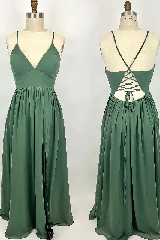 Formal Dress for Winter WeddingsStraps Green A-line Long Formal Dress with Lace Up Back