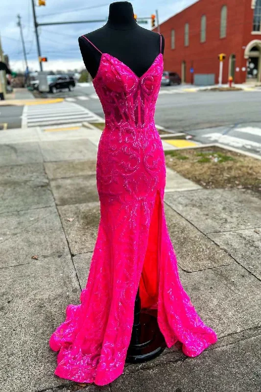 Formal Dress for Winter WeddingsNeon Pink Floral Lace V-Neck Mermaid Long Formal Dress with Slit