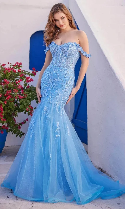 prom dresses with trainsEllie Wilde EW35102 - Lace Applique Off-Shoulder Prom Gown