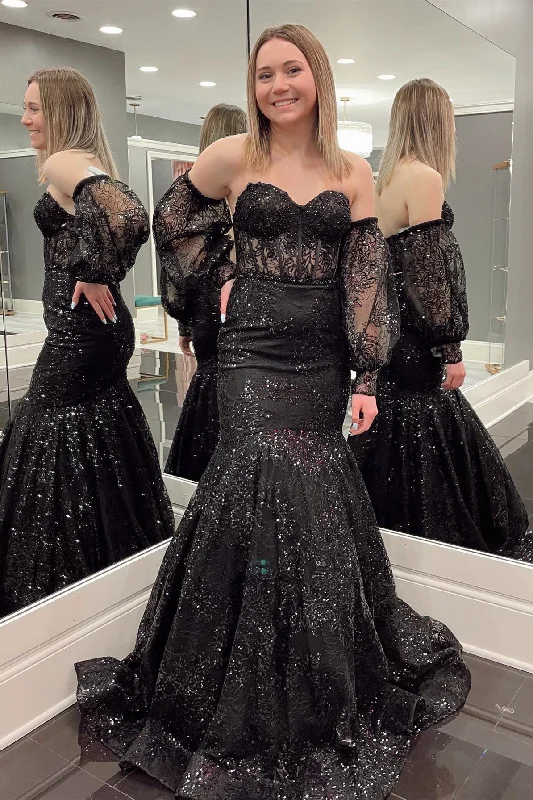 Formal Dress for Garden WeddingsSweetheart Black Appliques Mermaid Long Formal Dress