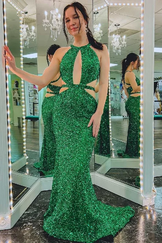 Formal Dress for Evening WeddingsGreen Sequin Keyhole Cutout Mermaid Long Formal Dress