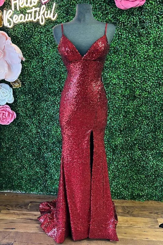 Formal Dress for Outdoor WeddingsWine Red Sequin Empire Waist Mermaid Long Formal Dress with Slit