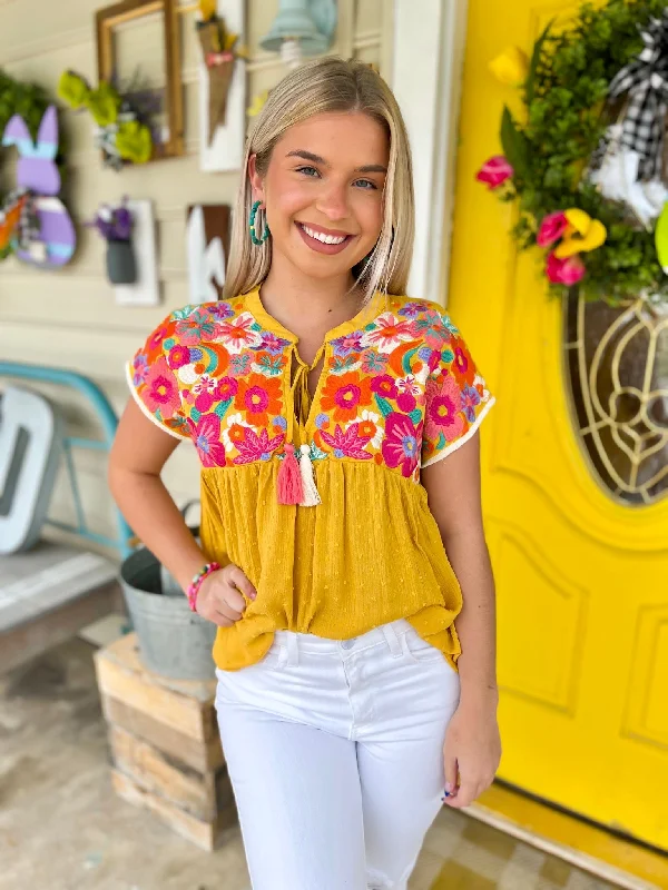 women's tops for relaxed weekendsMustard Floral Top